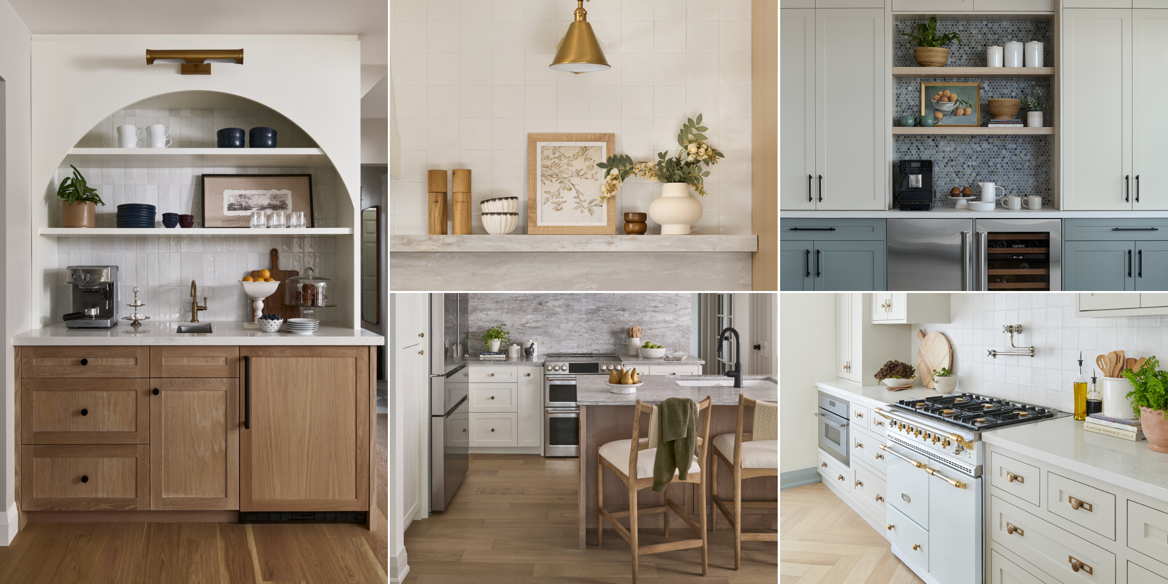 Collage of five images featuring kitchen renovations by the interior design team at Erin Interiors