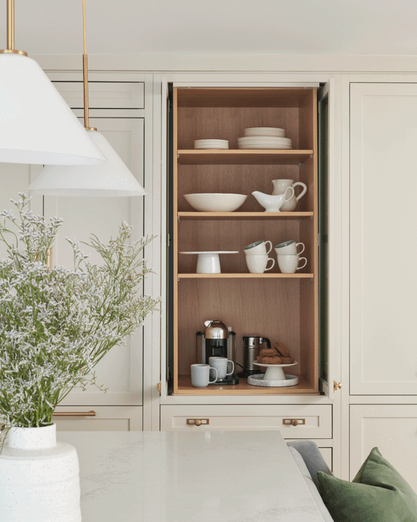 GIF of fluted glass cabinet doors opening and closing to reveal a coffee station in this Toronto kitchen renovation. Kitchen cabinetry is painted in Edgecomb Grey by Benjamin Moore. The shelving inside the cabinets is a light wood tone. There are mugs and dishes on the shelves and a coffee maker that uses pods on the bottom shelf.